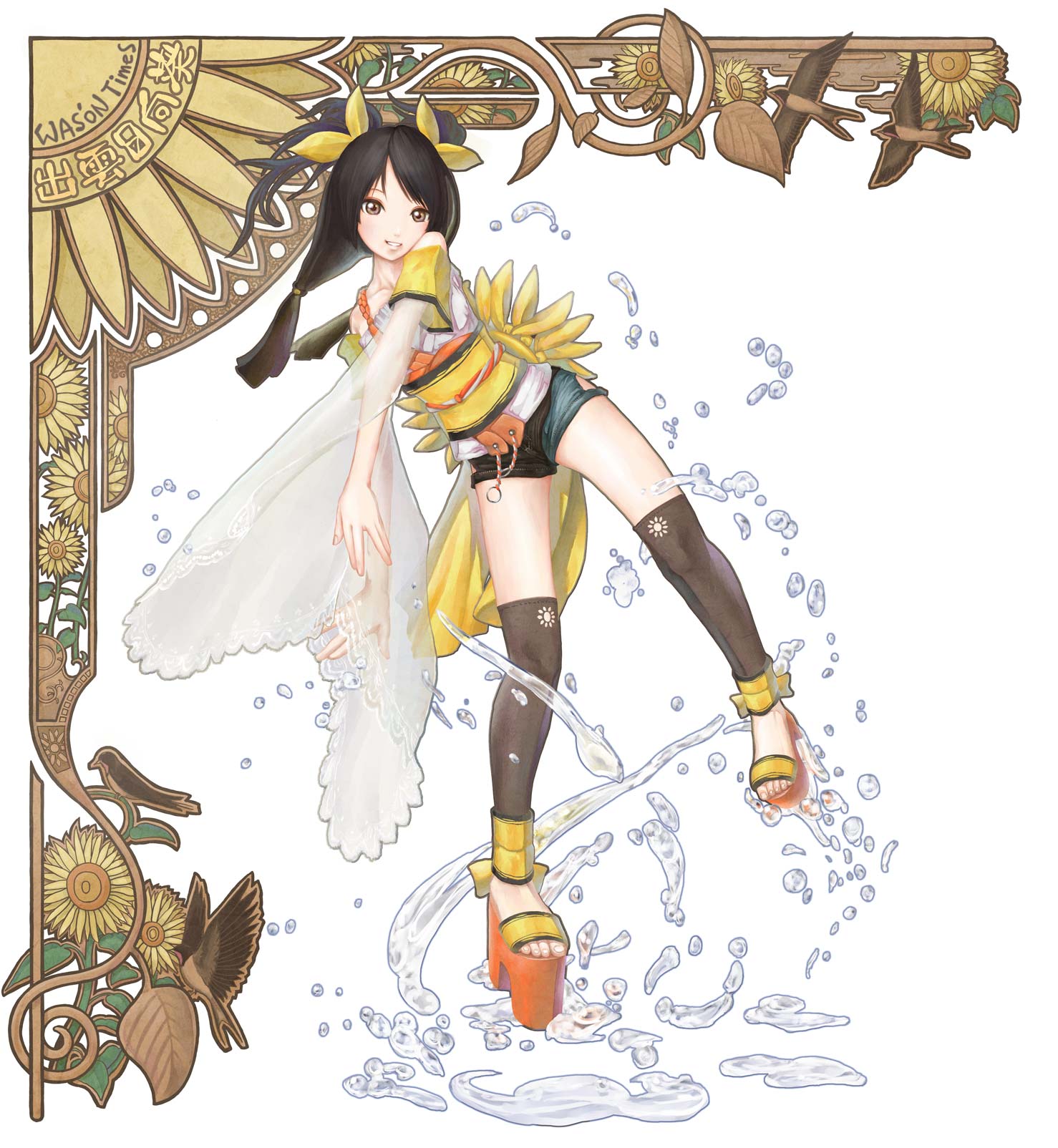 bird, black_hair, brown_eyes, flower, highres, lace, leaf, leaves