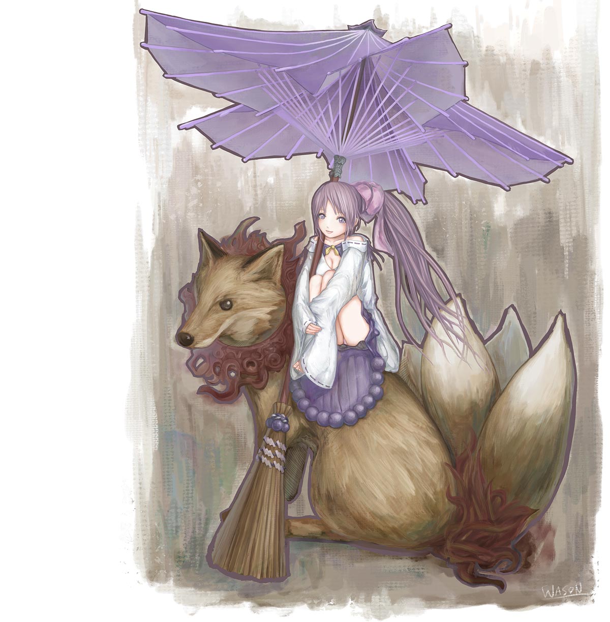 highres, long_hair, oriental_umbrella, original, ponytail, purple_eyes, purple_hair, sitting