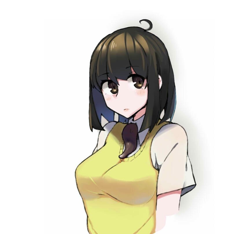 1girl, ahoge, bangs, blush, breasts, brown_eyes, brown_hair, closed_mouth