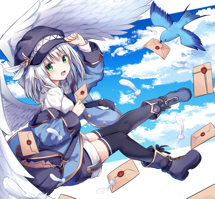 1girl, :d, adjusting_clothes, adjusting_hat, animal, arm_up, bag, bangs