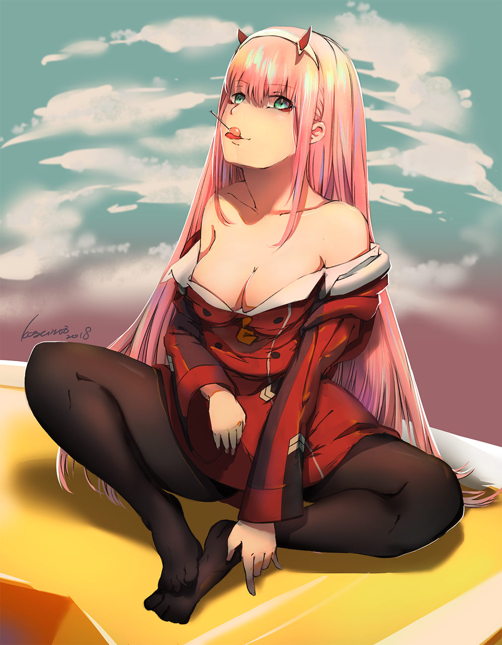 1girl, 2018, black_legwear, blue_sky, blurry, breasts, butterfly_sitting, candy