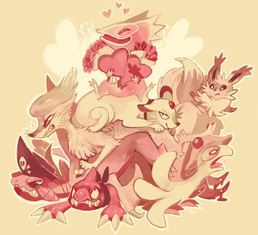 beige_background, bouquet, commentary, flower, fushigi_no_dungeon, heart_box, kecleon, no_humans, persoan, pokemon, pokemon_(creature), pokemon_fushigi_no_dungeon, simple_background