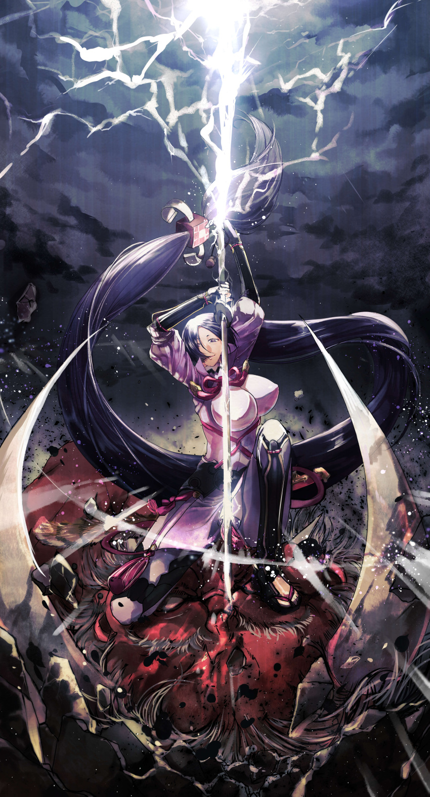 1girl, absurdly_long_hair, absurdres, bodysuit, breasts, clouds, cloudy_sky, fate/grand_order, fate_(series), fingerless_gloves, gloves, highres, katana, large_breasts, lightning, long_hair, low-tied_long_hair, minamoto_no_raikou_(fate/grand_order), purple_bodysuit, purple_hair, rope, sasame_yuuki, sky, sword, very_long_hair, violet_eyes, weapon