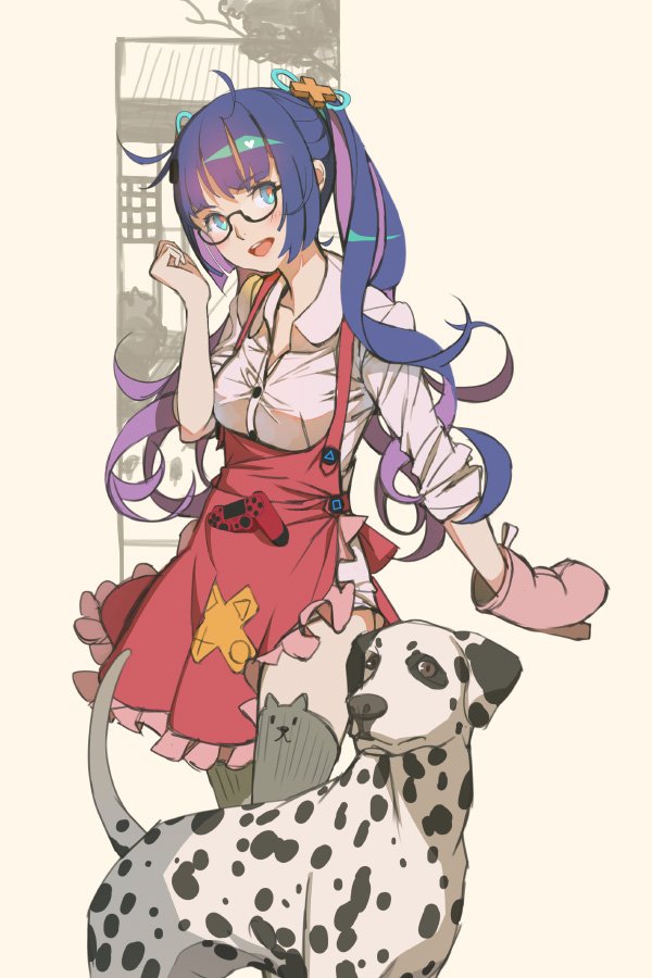 1girl, ahoge, animal_band_legwear, bangs, beige_background, breasts, cat_band_legwear, commentary
