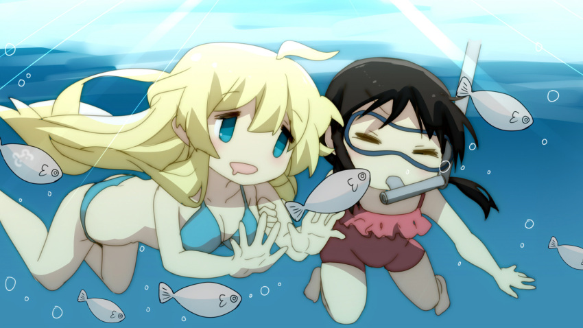 2girls, ahoge, animal, bangs, bikini, bison_cangshu, black_hair, blonde_hair, blue_bikini, blue_eyes, brown_swimsuit, casual_one-piece_swimsuit, chito_(shoujo_shuumatsu_ryokou), closed_eyes, diving_mask, diving_mask_on_eyes, eyebrows_visible_through_hair, fish, hair_between_eyes, highres, long_hair, low_twintails, multiple_girls, one-piece_swimsuit, shoujo_shuumatsu_ryokou, snorkel, snorkel_in_mouth, swimsuit, twintails, underwater, very_long_hair, yuuri_(shoujo_shuumatsu_ryokou)