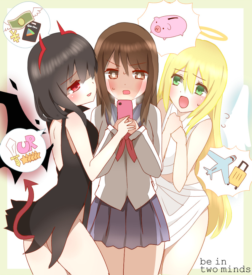3girls, :d, aircraft, airplane, angel, angel_and_devil, angel_wings, backless_outfit