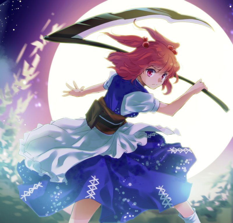 1girl, blue_skirt, bush, closed_mouth, commentary_request, cowboy_shot, feet_out_of_frame, fighting_stance