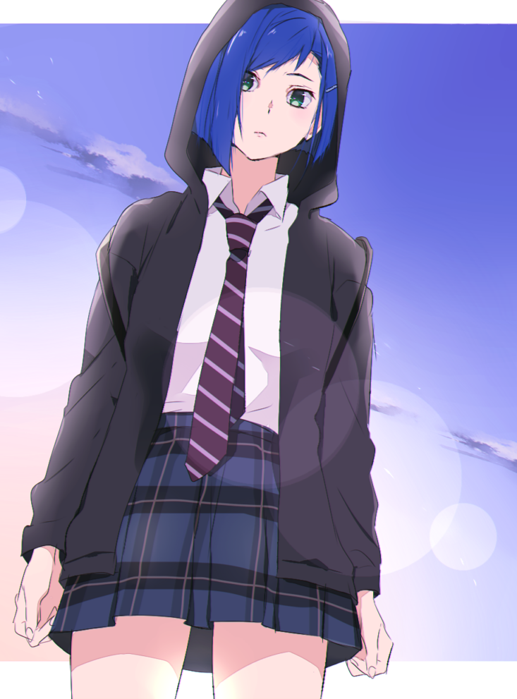 1girl, bangs, blue_hair, darling_in_the_franxx, ebi_(eeemimn), green_eyes, hair_ornament, hairclip, hood, hood_up, hooded_jacket, ichigo_(darling_in_the_franxx), jacket, looking_at_viewer, open_clothes, open_jacket, plaid, plaid_skirt, school_uniform, short_hair, skirt, solo, striped_neckwear, uniform