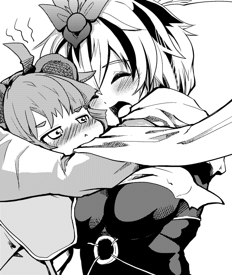 :<, animal_ears, bangs, blush, closed_eyes, commentary_request, greyscale, hug