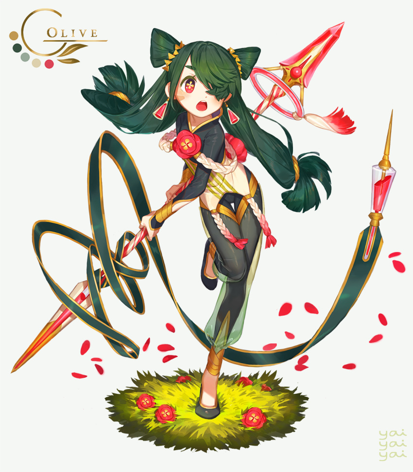 1girl, black_bodysuit, black_footwear, blush, bodysuit, earrings, facial_mark, flower, flower-shaped_pupils, full_body, green_hair, green_ribbon, grey_background, hair_over_one_eye, highres, holding, holding_spear, holding_weapon, jewelry, long_hair, long_sleeves, low-tied_long_hair, low_twintails, open_mouth, original, petals, polearm, red_eyes, red_flower, ribbon, see-through, shoes, sleeves_past_wrists, solo, spear, standing, standing_on_one_leg, twintails, two_side_up, upper_teeth, very_long_hair, weapon, yai_(hachihito)