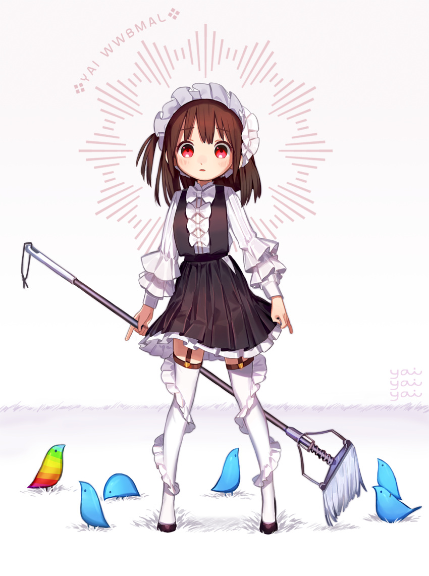 1girl, animal, artist_name, bangs, bird, black_footwear, black_skirt, black_vest