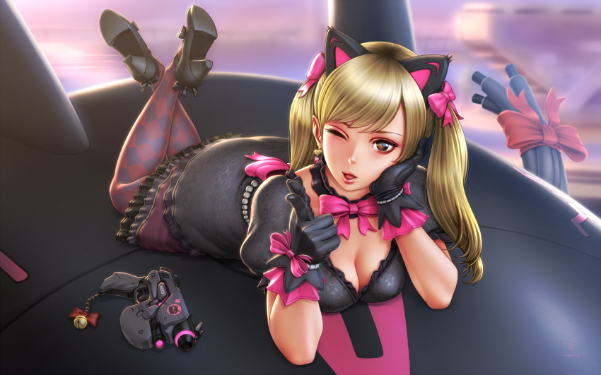 1girl, ;d, animal_ears, back, black_cat_d.va, black_dress, black_gloves, blonde_hair