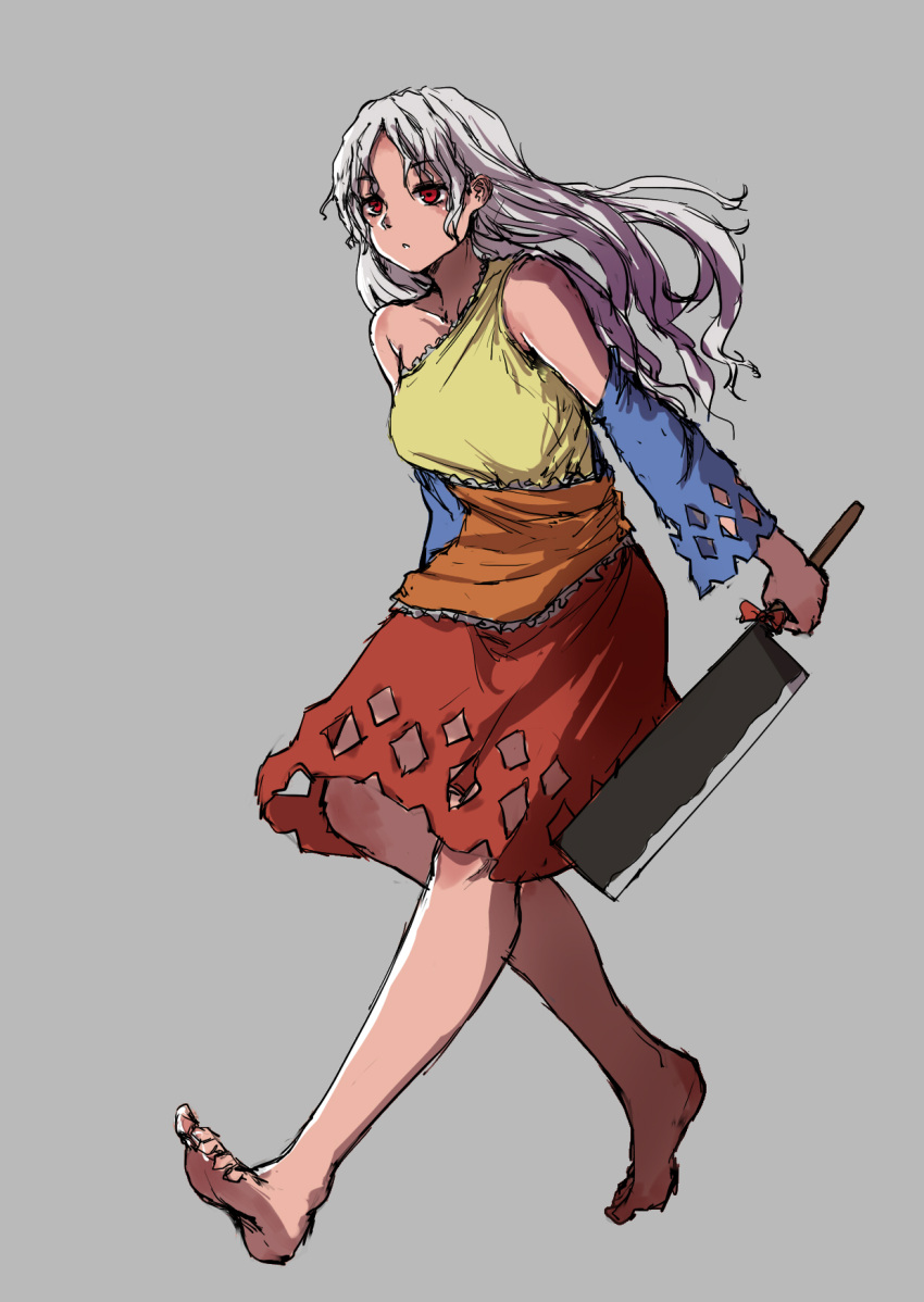 1girl, :o, arms_at_sides, bare_legs, bare_shoulders, barefoot, bow, collarbone, detached_sleeves, dress, eyebrows_visible_through_hair, full_body, grey_background, hatchet, highres, holding, kourou_(kouroukun), long_hair, looking_afar, medium_dress, multicolored, multicolored_clothes, multicolored_dress, parted_lips, red_eyes, sakata_nemuno, silver_hair, simple_background, single_strap, sketch, solo, touhou, walking