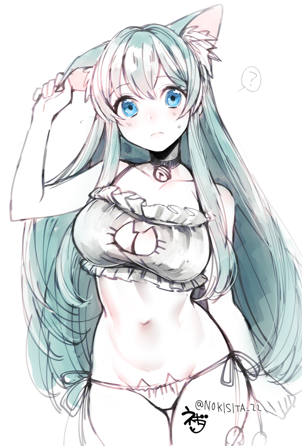 1girl, alternate_costume, animal_ears, bell, bell_collar, blue_eyes, blue_hair, bra