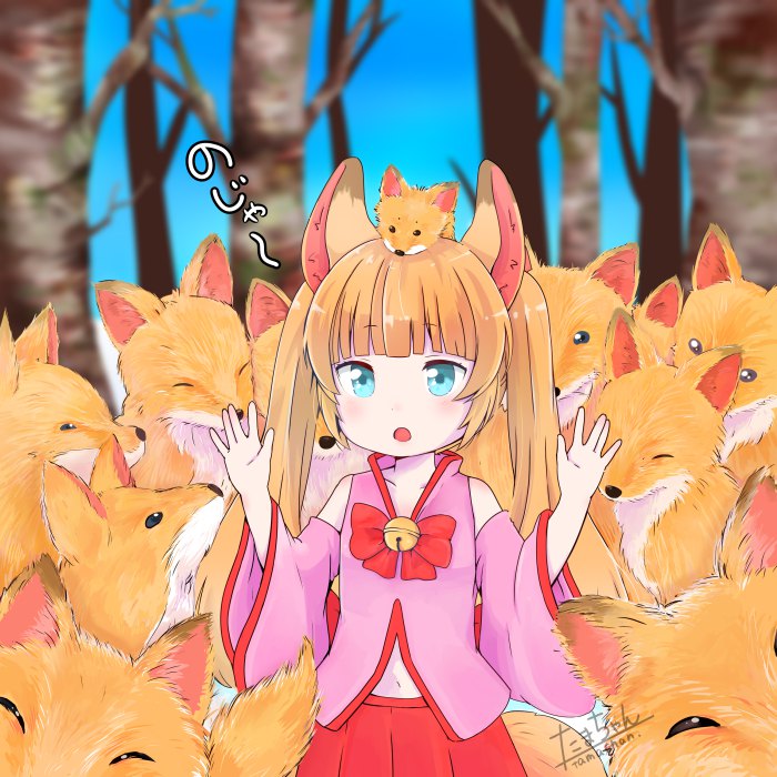 1girl, animal, animal_ears, artist_name, bangs, bell, blonde_hair, blue_eyes, blunt_bangs, blurry, blurry_background, commentary_request, fox, fox_ears, fox_on_head, hands_up, jingle_bell, kemomimi_vr_channel, long_hair, looking_at_viewer, mikoko_(kemomimi_vr_channel), navel, open_mouth, signature, solo, tama-chan_(tamachanchi), too_many_foxes, tree, twintails, virtual_youtuber, wide_sleeves