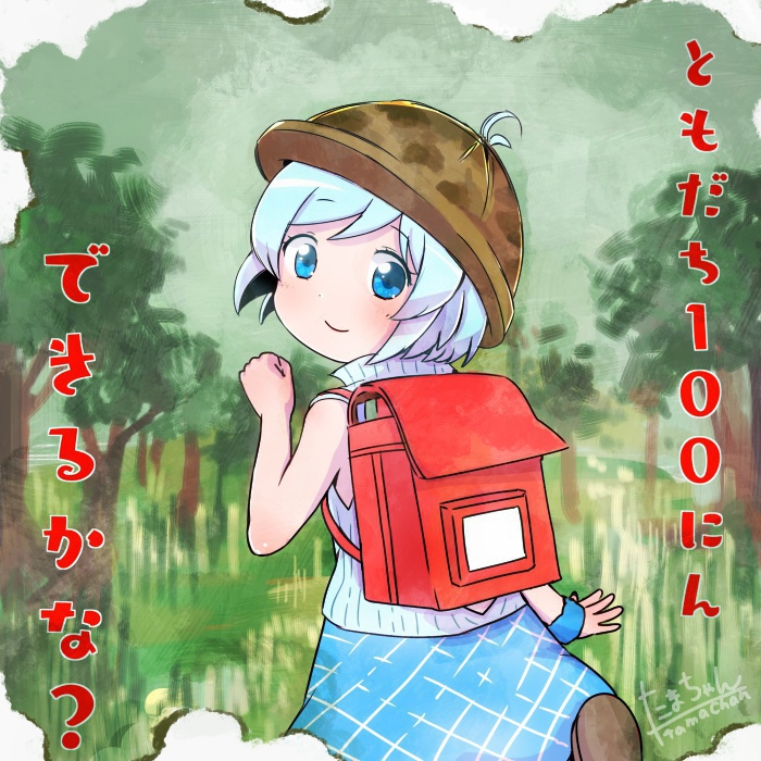 1girl, artist_name, backpack, bag, bare_arms, blue_eyes, blue_hair, commentary_request