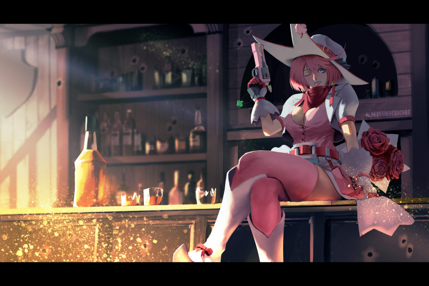 1girl, absurdres, adapted_costume, alternate_costume, boots, dude_underscore, elphelt_valentine, flower