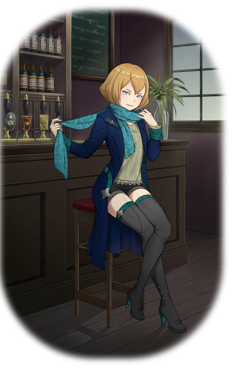 1girl, beer_tap, belt, black_legwear, blue_eyes, blue_scarf, boots, bottle