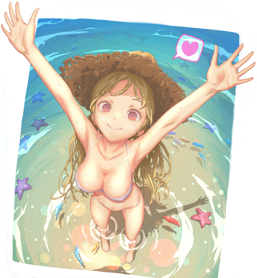 1girl, arms_up, bikini, blonde_hair, blush, breasts, cleavage, collarbone