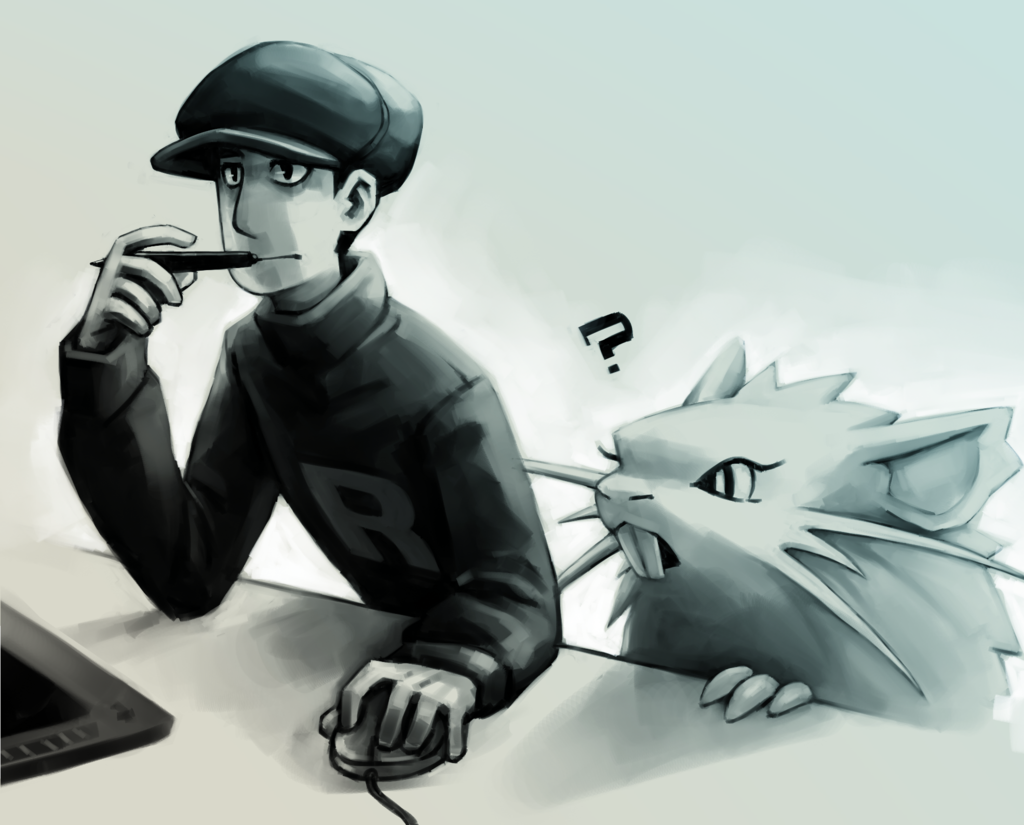 1boy, ?, black_eyes, black_hat, commentary, computer_mouse, creature, eyelashes