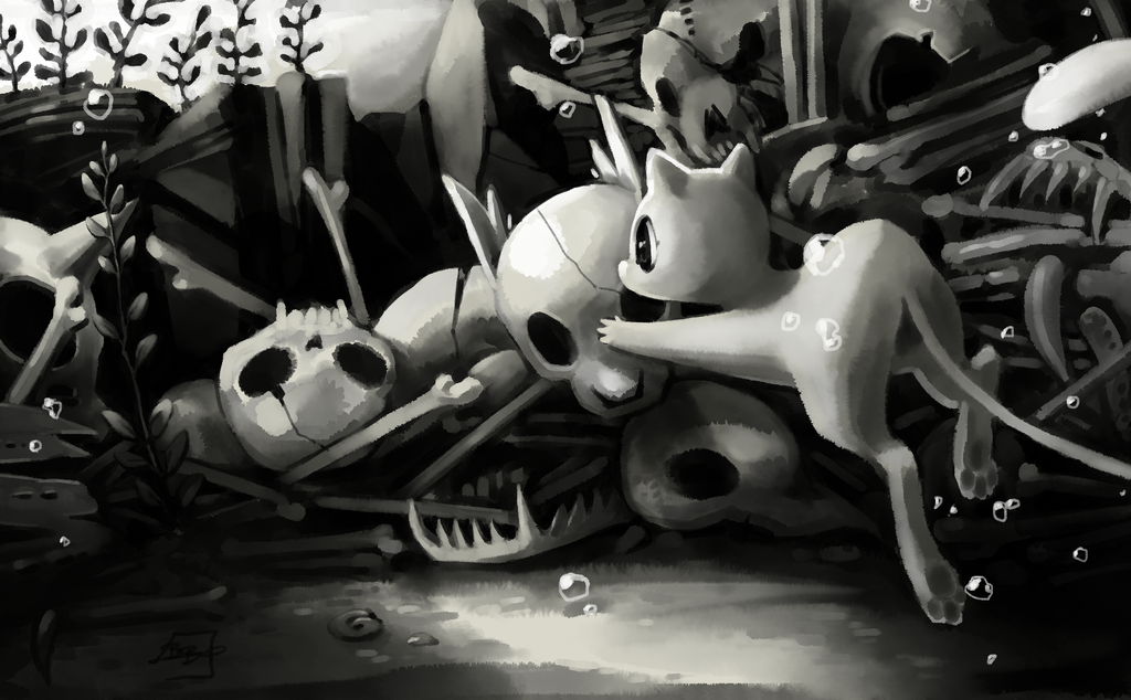 bone, bubble, creature, grey, madcookiefighter, mew, monochrome, no_humans