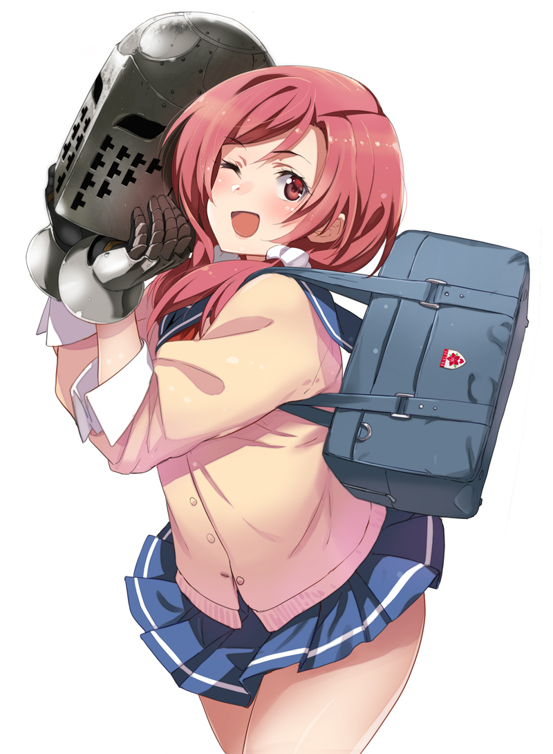1girl, ;d, bag, blue_sailor_collar, blue_skirt, cardigan, character_request, cowboy_shot