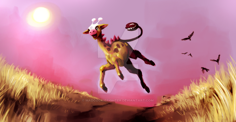 bird, creature, full_body, girafarig, grass, happy, horns, jumping