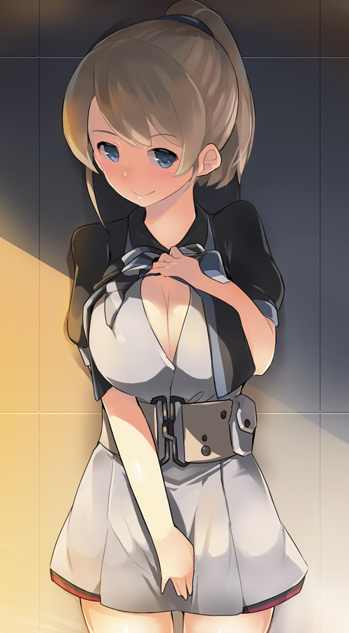 1girl, against_wall, bangs, belt, belt_pouch, between_legs, black_jacket, blue_eyes