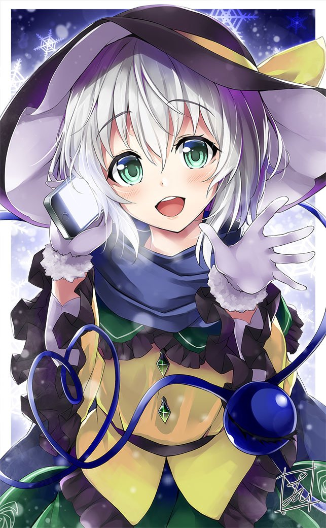 1girl, :d, blouse, blue_scarf, breath, buttons, cellphone, commentary_request