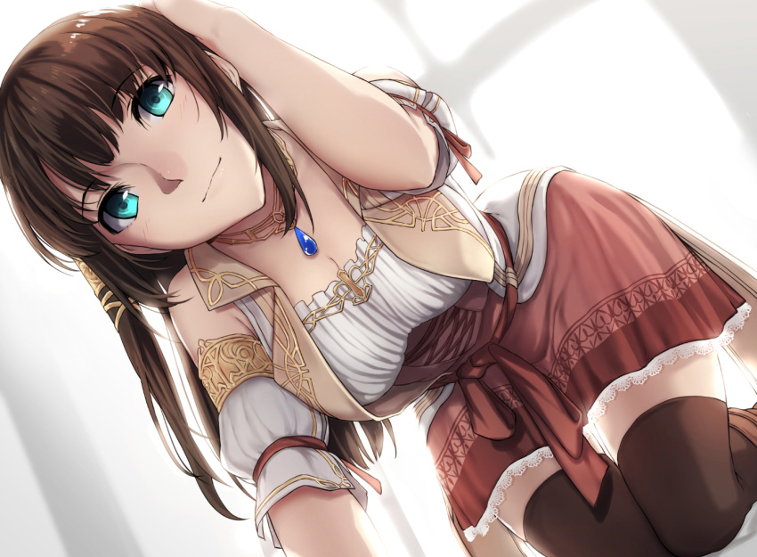 1girl, aqua_eyes, aya_(infinite_undiscovery), bangs, bare_shoulders, bent_over, black_legwear, blush, boots, breasts, brown_footwear, brown_hair, cleavage, closed_mouth, collared_vest, commentary_request, detached_sleeves, eyebrows_visible_through_hair, hair_ornament, hand_on_own_head, infinite_undiscovery, jewelry, kneeling, large_breasts, long_hair, looking_at_viewer, necklace, puffy_short_sleeves, puffy_sleeves, red_ribbon, red_skirt, ribbon, sblack, shirt, short_sleeves, skirt, solo, thigh-highs, white_shirt, zettai_ryouiki