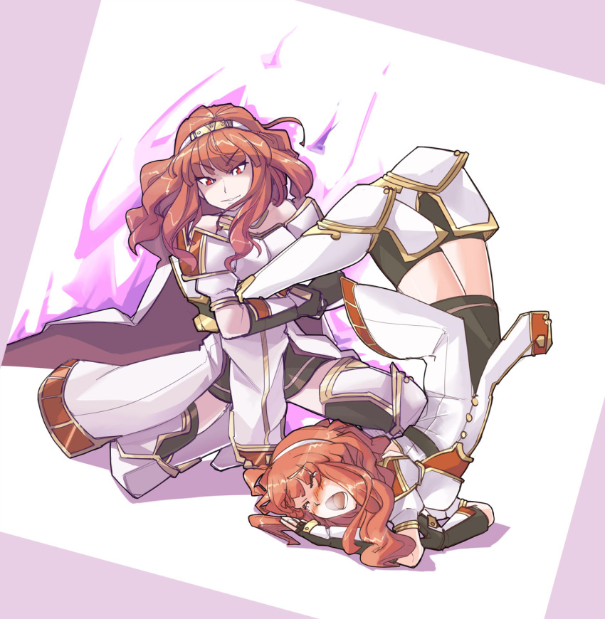 2girls, armor, blush, cape, celica_(fire_emblem), closed_eyes, dress, dual_persona