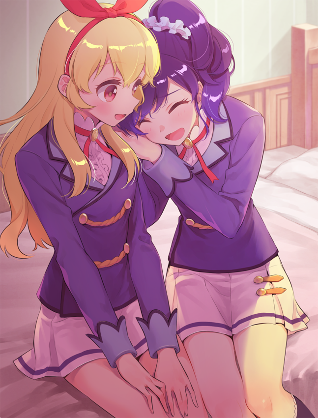 2girls, :d, aikatsu!, bed, blazer, blonde_hair, blue_hair, blush
