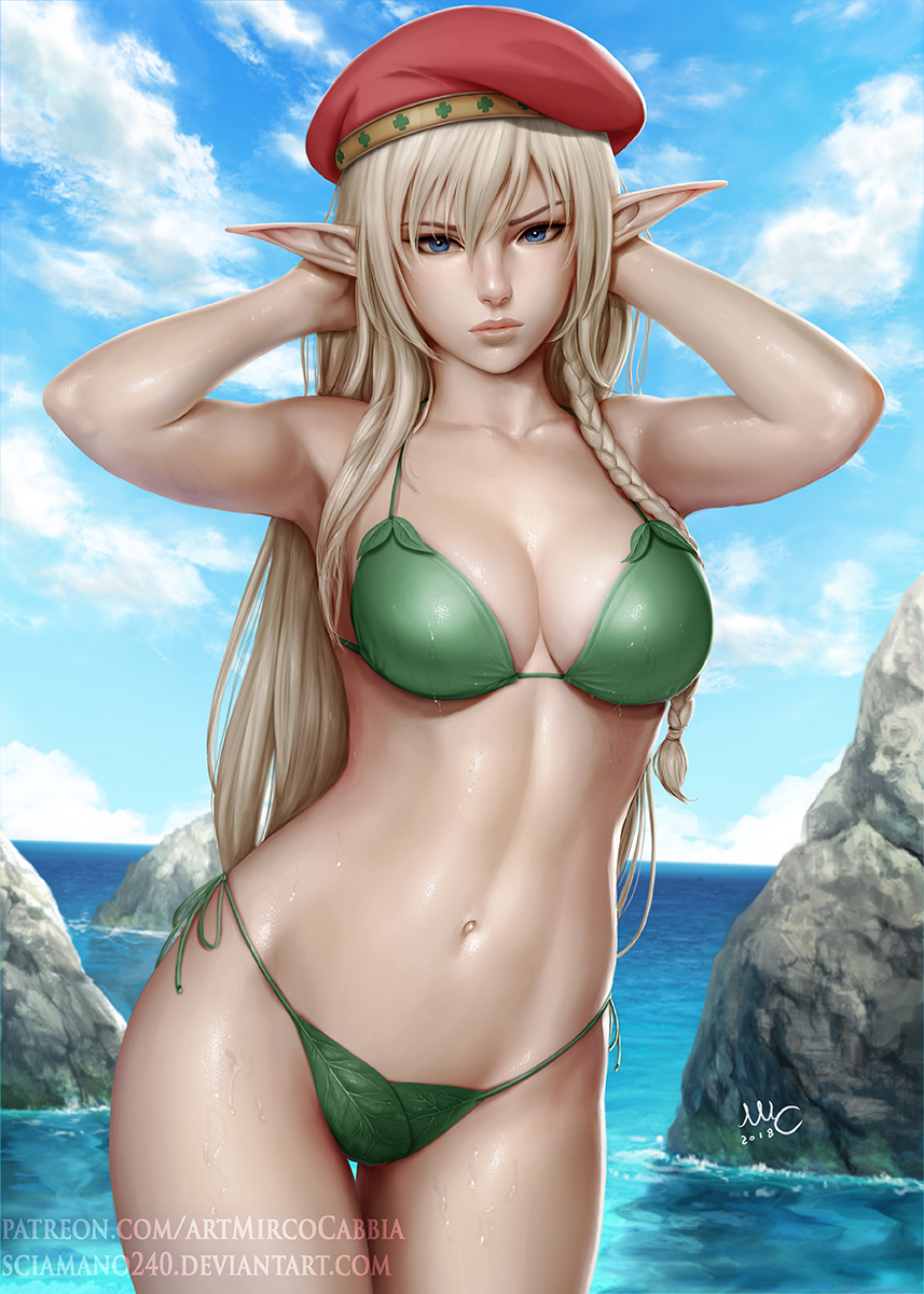 1girl, alleyne_(queen's_blade), armpits, arms_behind_head, bangs, bare_arms, bare_shoulders, beret