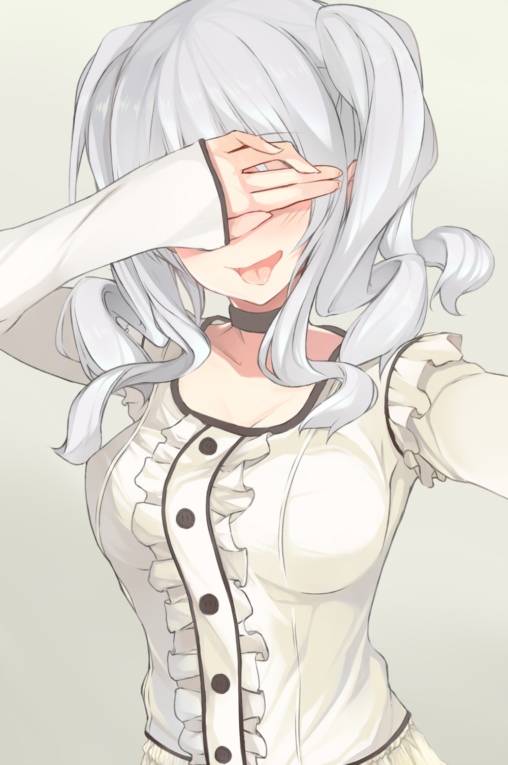 1girl, alternate_costume, arm_up, bangs, black_choker, blush, breasts, buttons
