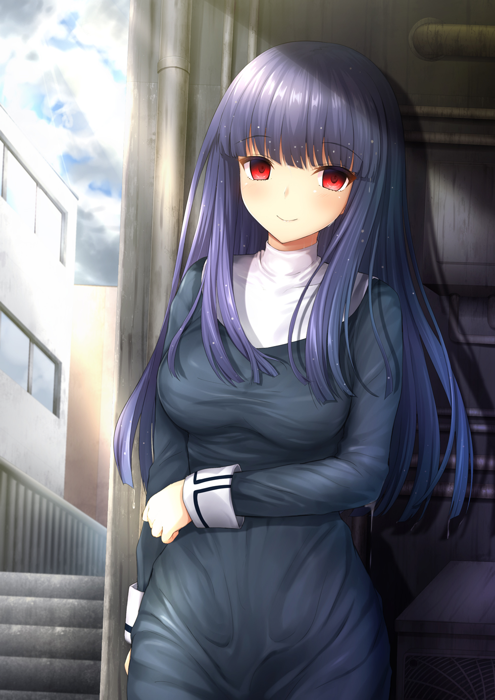 1girl, after_rain, against_wall, arm_at_side, asagami_fujino, bangs, black_dress, blunt_bangs