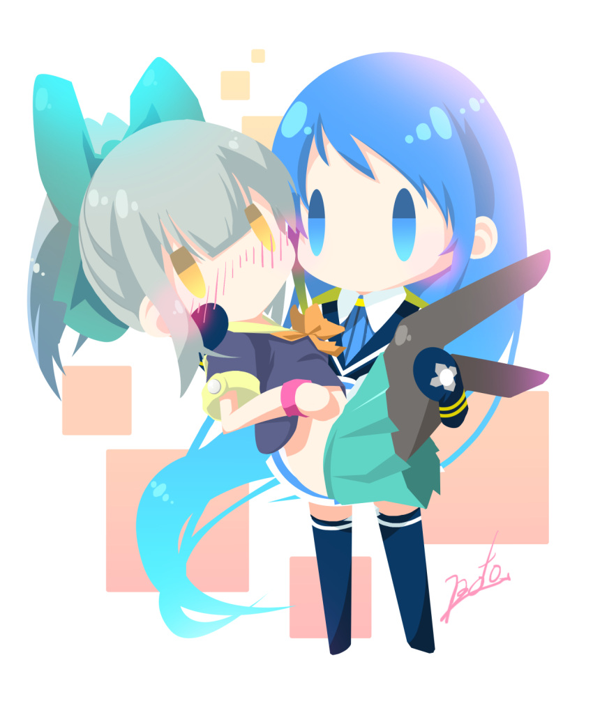black_legwear, blue_eyes, blue_hair, carrying, elbow_gloves, gloves, green_hair, highres