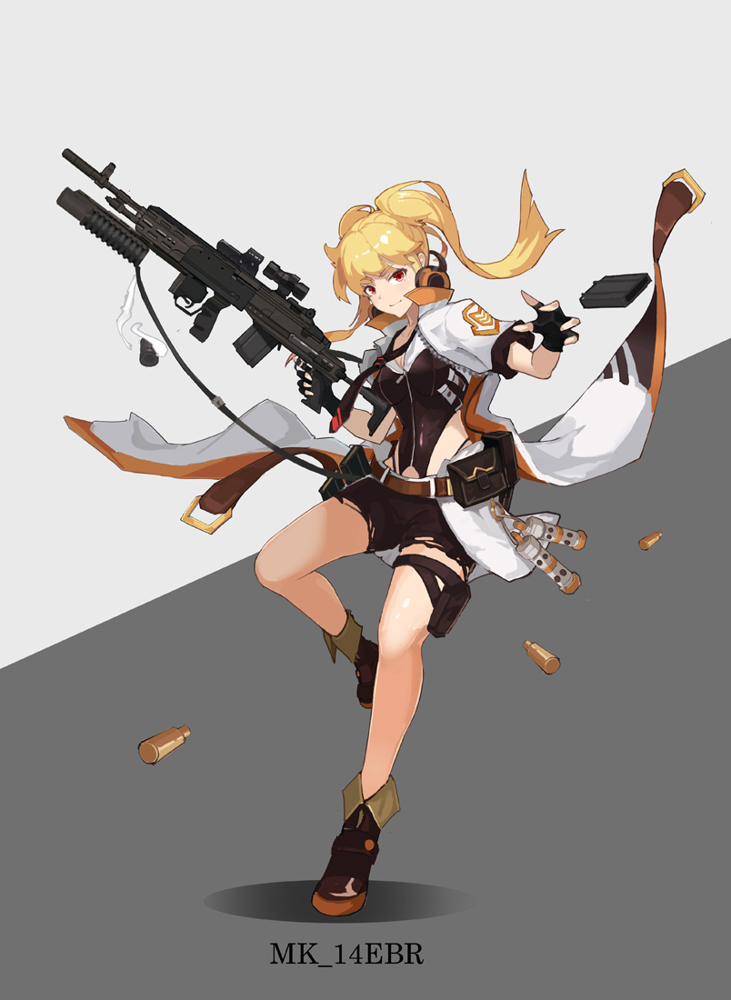 ankle_boots, bangs, battle_rifle, black_footwear, black_gloves, black_shorts, blonde_hair, boots