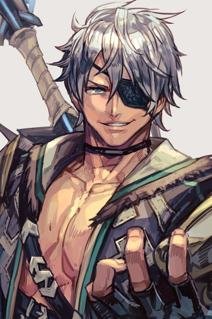 1boy, armor, eyepatch, gloves, hankuri, jacket, looking_at_viewer, male_focus, short_hair, sieg_b_goku_genbu, silver_hair, smile, solo, xenoblade, xenoblade_2