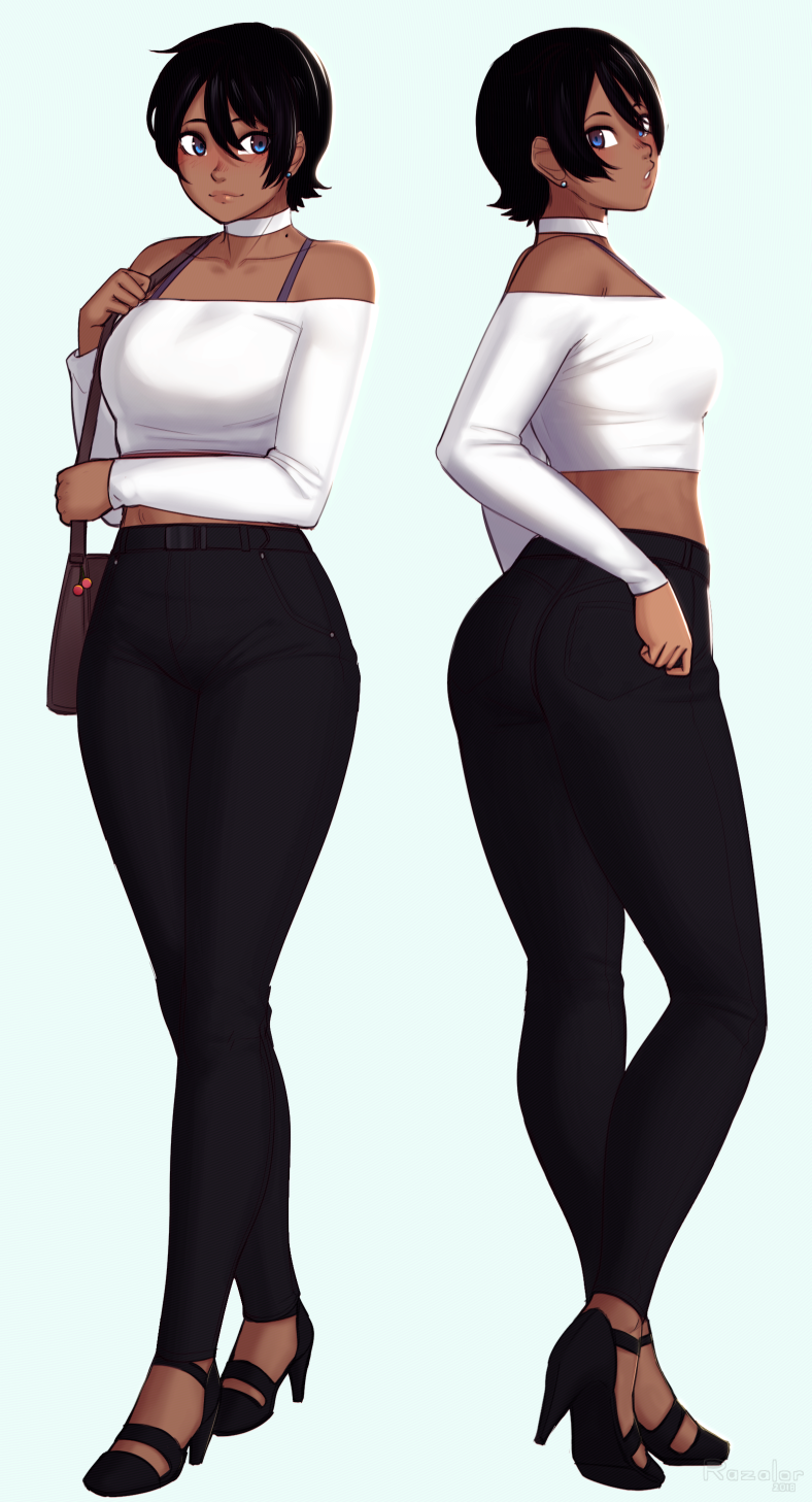 1girl, ass, bag, bare_shoulders, black_hair, black_pants, blue_eyes, bra_strap
