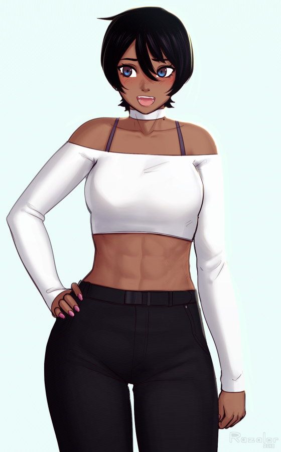 1girl, abs, bare_shoulders, black_hair, black_pants, blue_eyes, blush, bra_strap