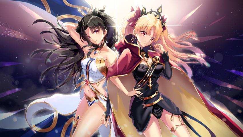 2girls, augu_(523764197), bare_shoulders, black_hair, blonde_hair, blush, breasts, cleavage