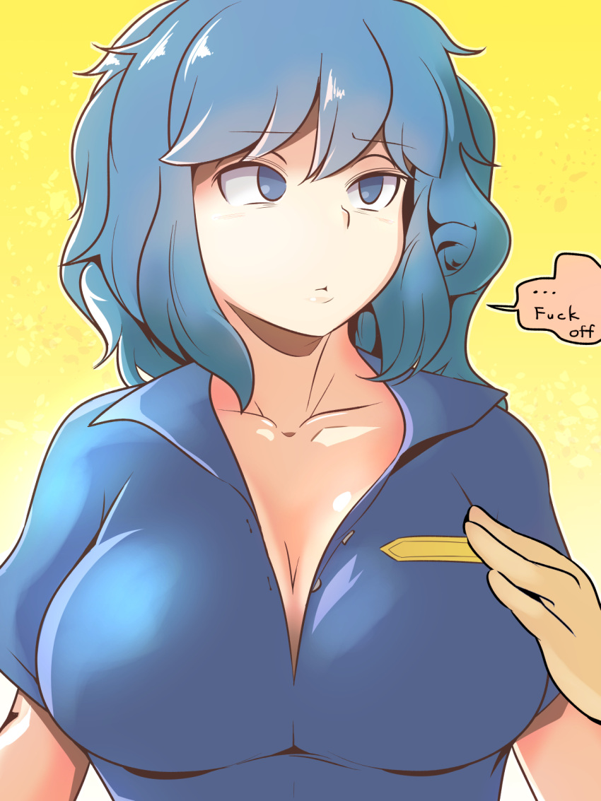 1girl, annoyed, blue_eyes, blue_hair, blue_shirt, breasts, cleavage, closed_mouth