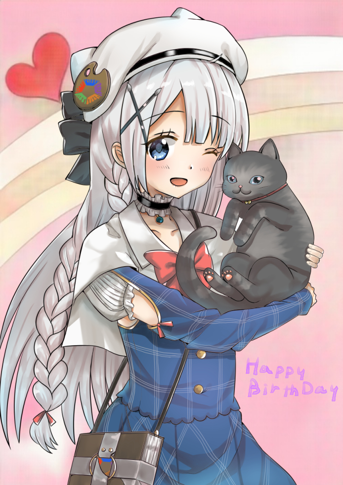 1girl, ;d, animal, animal_hat, bag, bangs, black_bow, black_cat