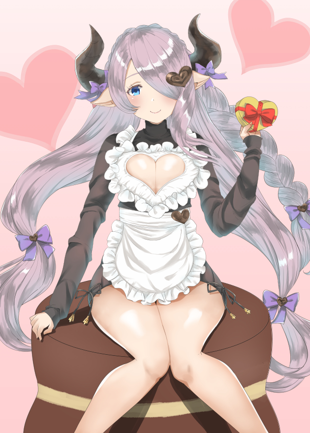 1girl, apron, black_dress, blue_eyes, blush, bow, box, braid, breasts, cleavage, cleavage_cutout, closed_mouth, commentary_request, curled_horns, doraf, dress, eikura, gift, gift_box, granblue_fantasy, hair_bow, hair_ornament, hair_over_one_eye, head_tilt, heart, heart-shaped_box, heart_cutout, heart_hair_ornament, holding, holding_gift, horn_bow, horns, long_hair, long_sleeves, looking_at_viewer, low_tied_hair, medium_breasts, narumeia_(granblue_fantasy), pink_background, purple_bow, short_dress, silver_hair, single_braid, sitting, sleeves_past_wrists, smile, solo, very_long_hair, white_apron