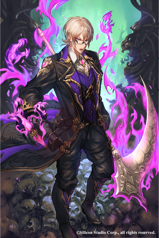 1boy, age_of_ishtaria, aura, belt, boots, company_name, copyright_name, dante_(age_of_ishtaria), glasses, gloves, makai_no_juumin, male_focus, official_art, scythe, skull, solo, violet_eyes, white_hair