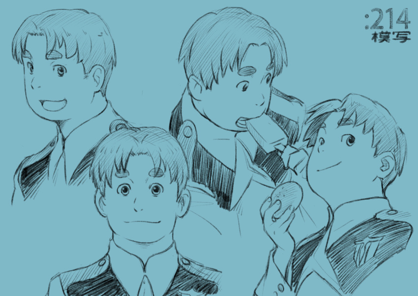 1boy, blue_background, bread, darling_in_the_franxx, expressions, food, futoshi_(darling_in_the_franxx), hada_toshiya