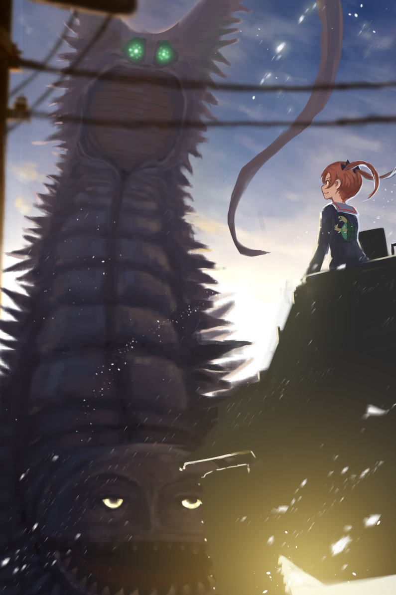 1boy, 1girl, 1other, bangs, black_ribbon, blue_jacket, blurry, blurry_foreground