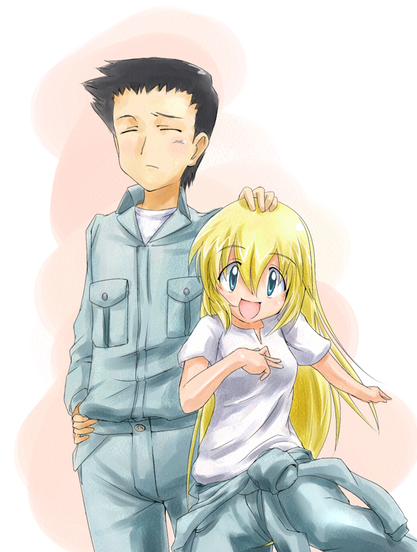 blue_eyes, brown_hair, closed_eyes, hand_on_head, kate, petting, sketchbook_full_colors, smile