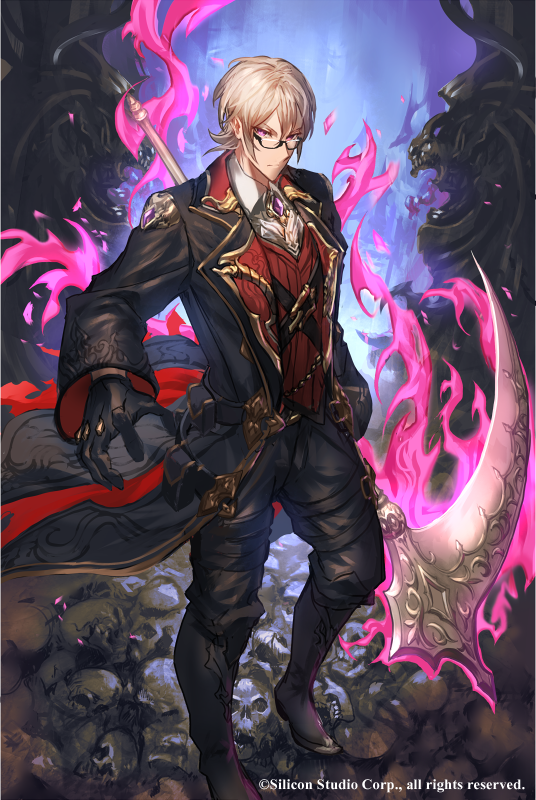 1boy, age_of_ishtaria, aura, belt, boots, company_name, copyright_name, dante_(age_of_ishtaria), glasses, gloves, makai_no_juumin, male_focus, official_art, scythe, skull, solo, violet_eyes, white_hair