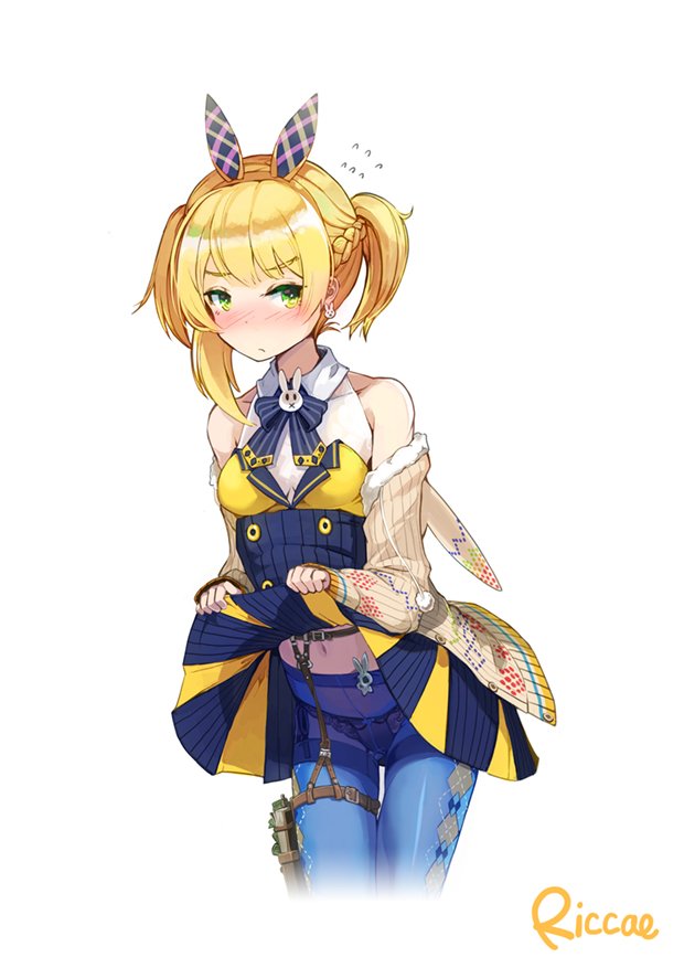 1girl, animal_ears, animal_hood, bangs, black_panties, blonde_hair, blue_legwear, blush